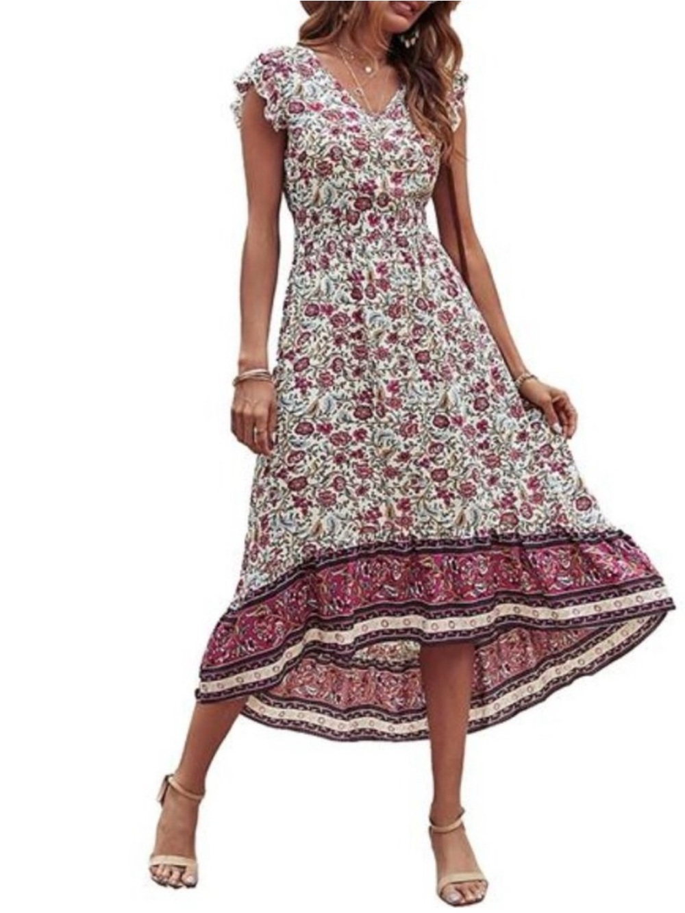 Pretty Garden boho floral hi low hem midi maxi dress size small